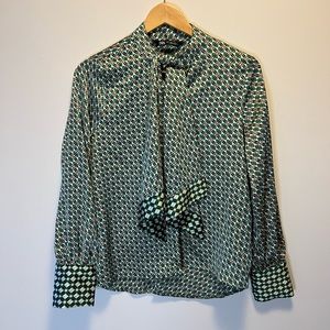 Zara Green, Black and white tie neck blouse